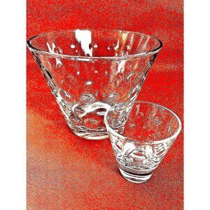 Hazel Atlas Clear Glass Ice Bucket & Small Glass Bowl Polka Dot Pattern Vintage